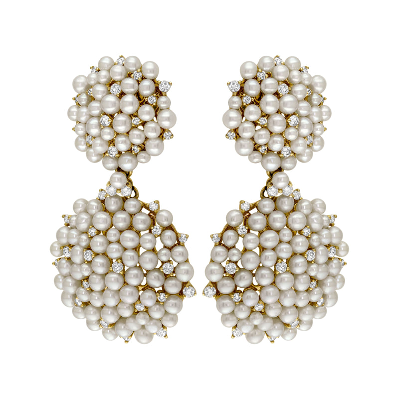 14kt Yellow Gold Pearl and Diamond Double Button Earrings