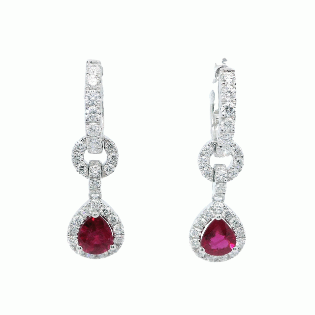 18kt Diamond Hoops With Diamond Halo Pear Rubies Earrings