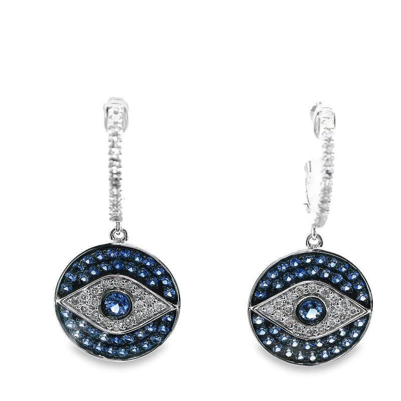 14kt White Gold Evil Eye Sapphire Diamond Disc Earrings