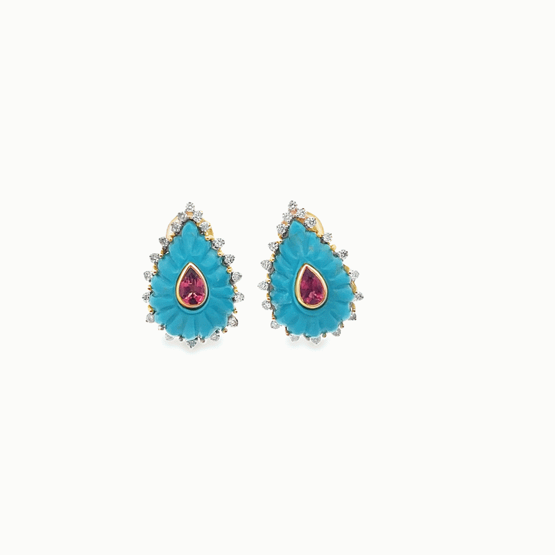 14kt Yellow Gold Carve Turquoise Tourmaline Diamond Earrings