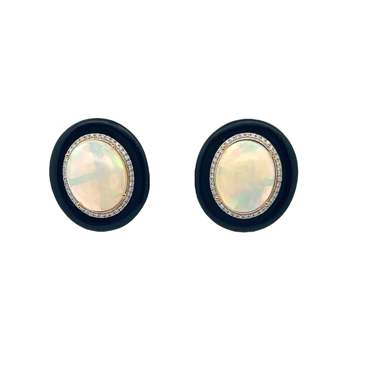 14kt Yellow Gold Onyx Diamond Halo Frame Opal Stud Earrings