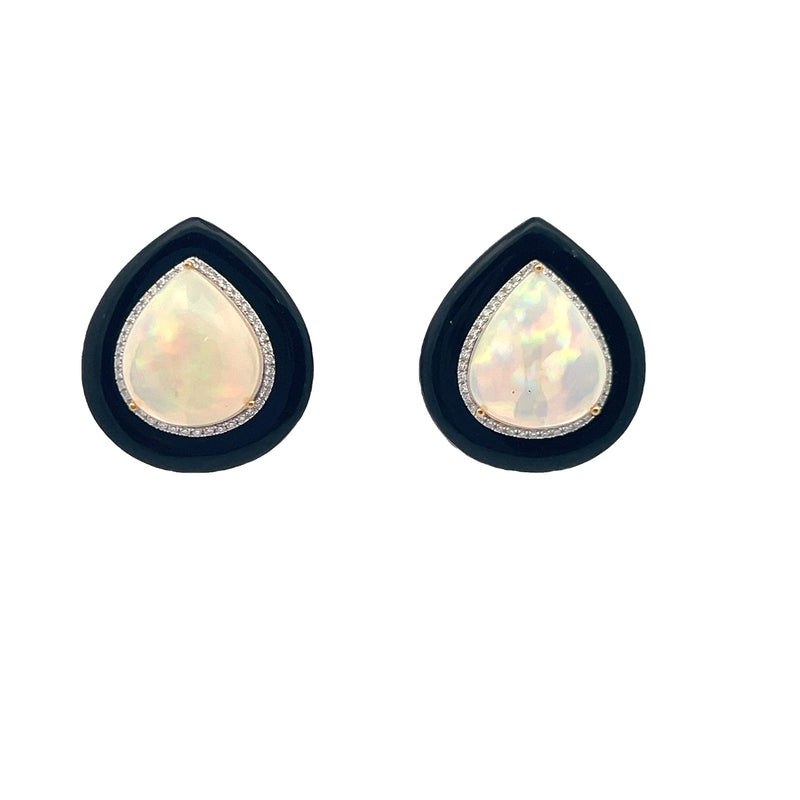 14kt Yellow Gold Onyx Diamond Pear Frame Opal Stud Earrings