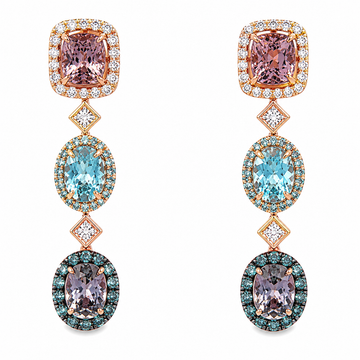 18kt Rose Gold Multi-Gemstone Drop Earrings with Diamond Halos