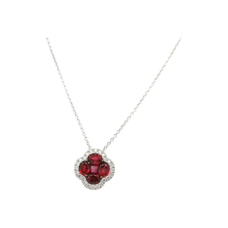 18kt White Gold Ruby and Diamond Clover Pendent Necklace