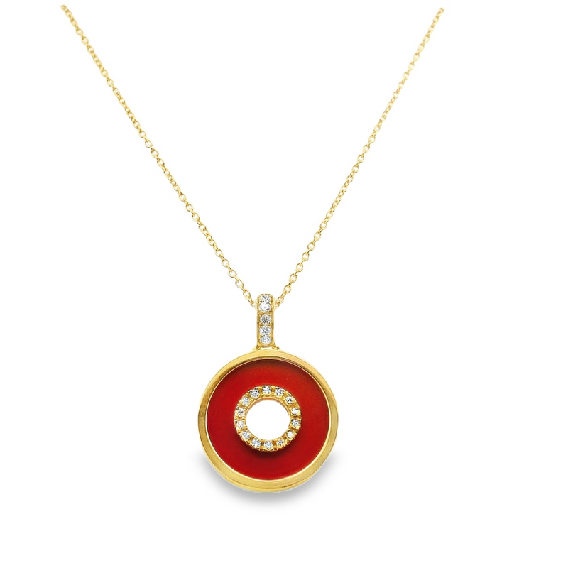 18kt Yellow Gold 18MM Diamond and Coral Halo Pendant