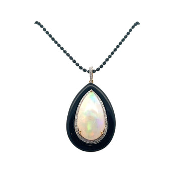 14kt Yellow Gold Onyx Frame Pear Opal Diamond Necklace