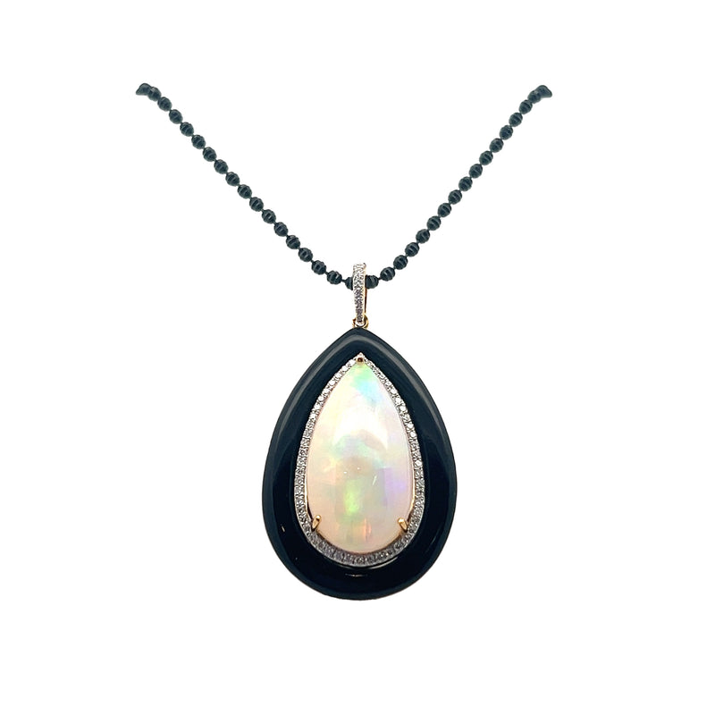 14kt Yellow Gold Onyx Frame Pear Opal Diamond Necklace