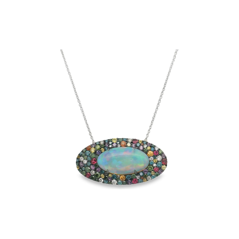 18kt white Gold Lucid Opal Multi Color Sapphire Neckalce.