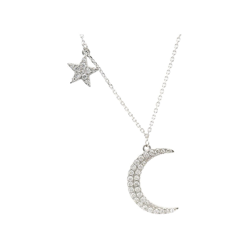 14kt White Gold Moon and Star Diamond Pendant Necklace