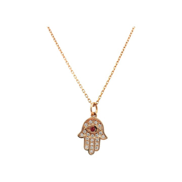14kt Yellow Gold Diamond and Ruby Hamsa Necklace