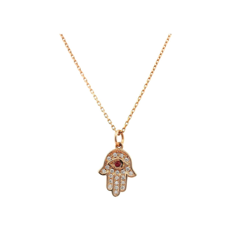 14kt Yellow Gold Diamond and Ruby Hamsa Necklace