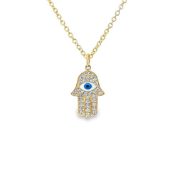 14kt Gold Diamond Hamsa With Blue Eye