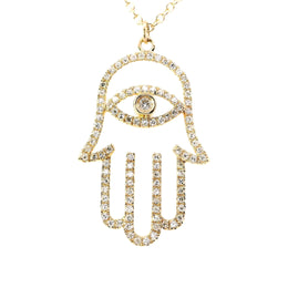 14kt Gold open Hamsa with diamond evil eye