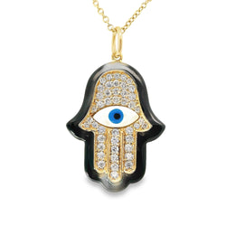 14kt black enamel diamond Hamsa with evil eye