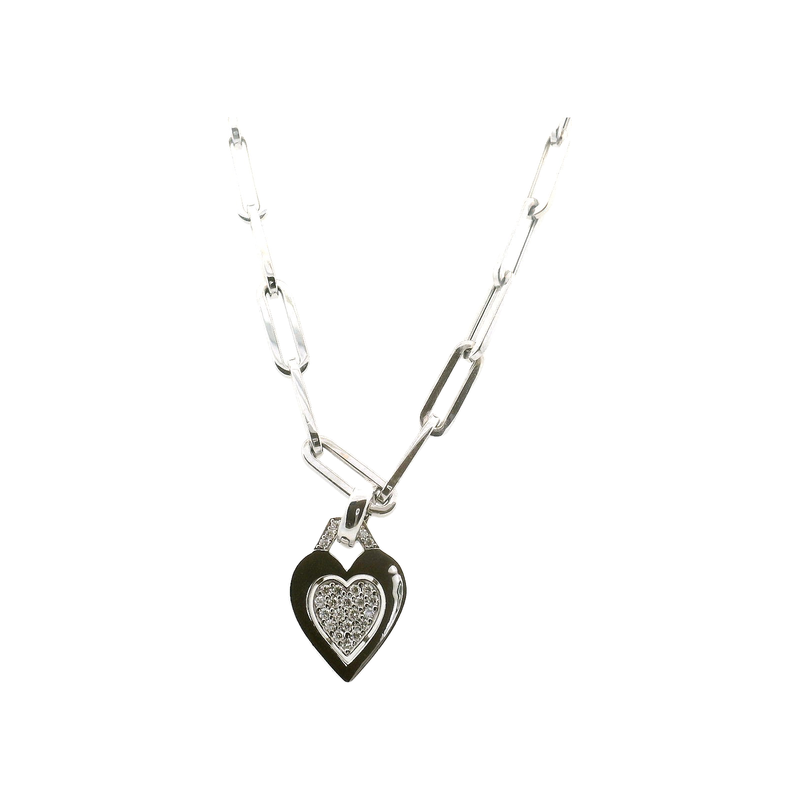 18kt White Gold 25 Inch Paperclip Neckalce With Diamond Heart