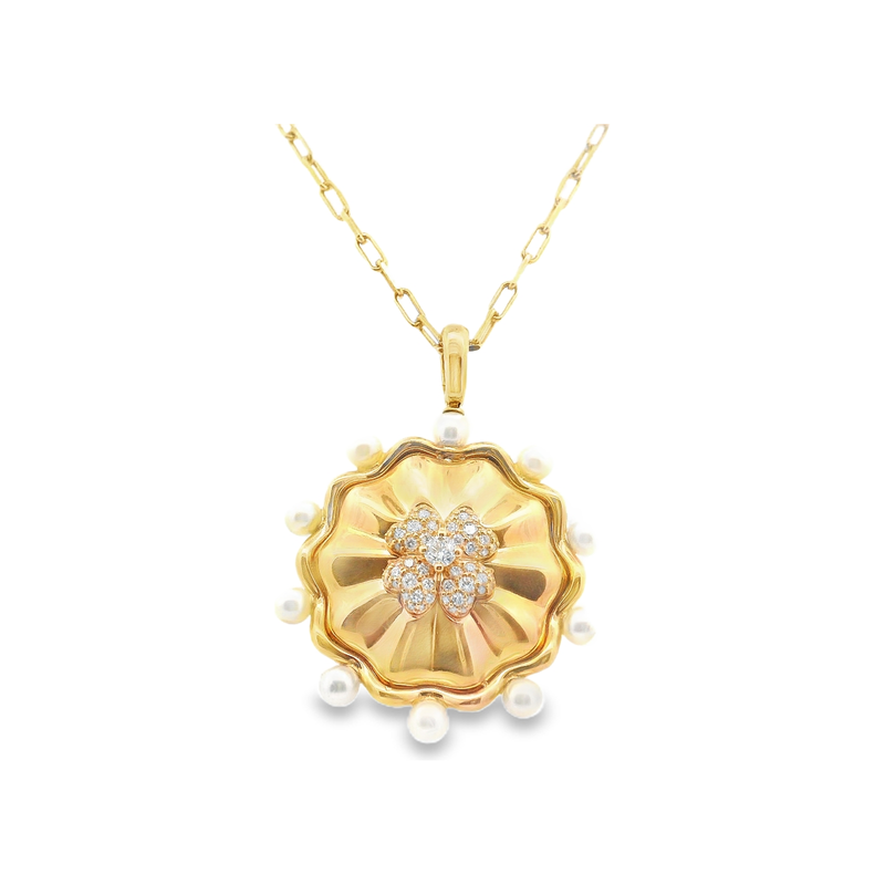 18kt Pink Gold Flower Pearl Diamond Pendant Necklace