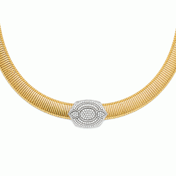 18kt Yellow & White Gold Ribbed Collar Necklace with Pavé Diamond Centre