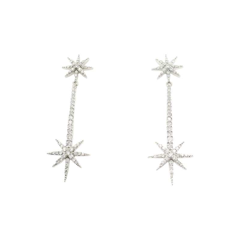 18kt White Gold Stick Star Diamonds Drop Earrings