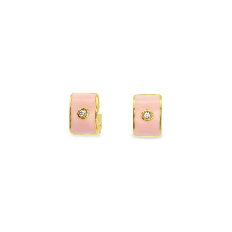 18kt Yellow Gold Light Pink Enamel 7.5mm Hoop Earrings