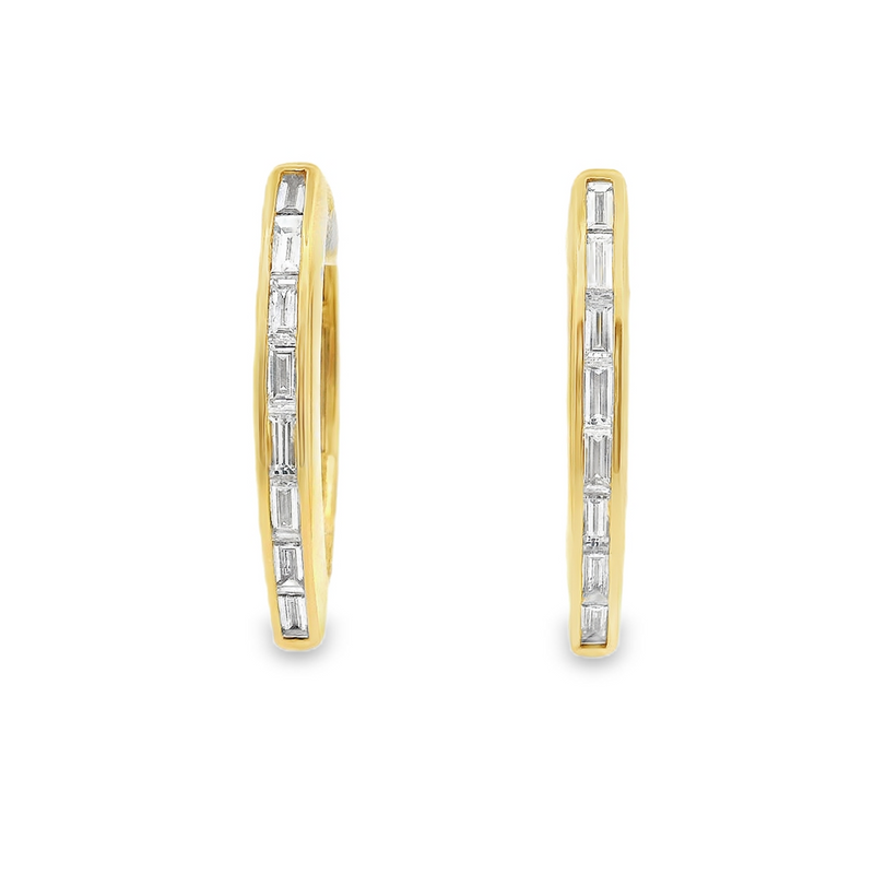 18kt Yellow Gold Diamond Traingle Baguette Hoop Earrings