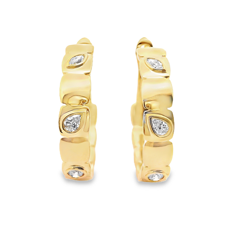 18kt Yellow Gold 1 Inch Diamond Round, Pear and Marquise Hoop Earrings