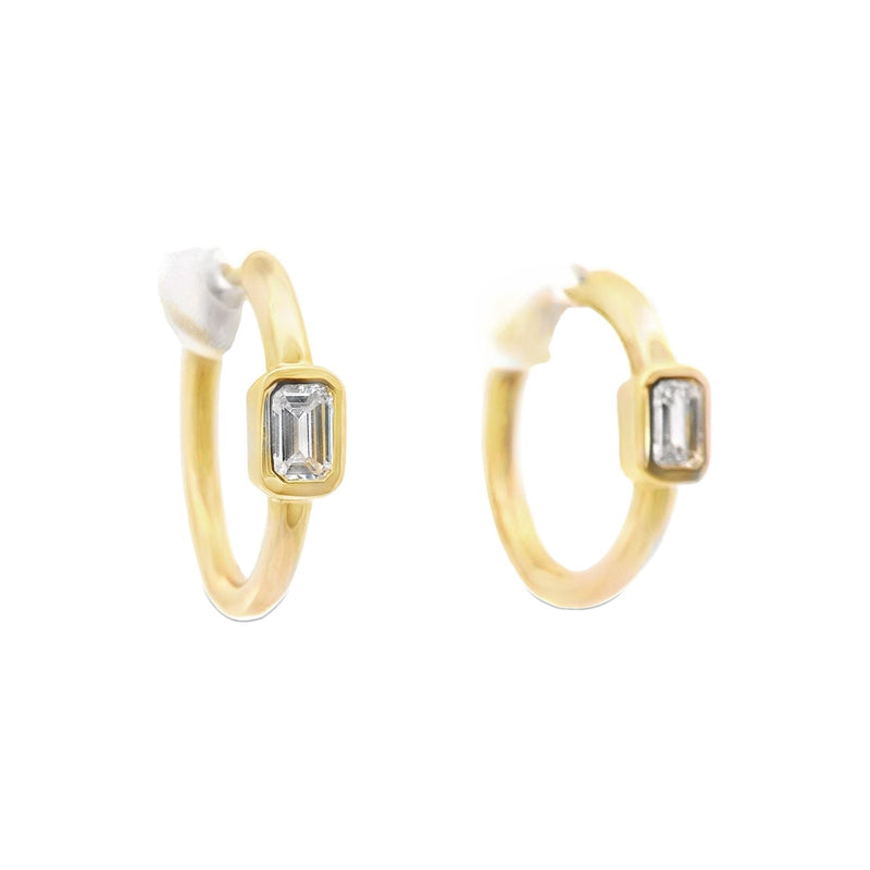 14kt Yellow Gold Hoops With Bezel Emerald Diamond Earrings