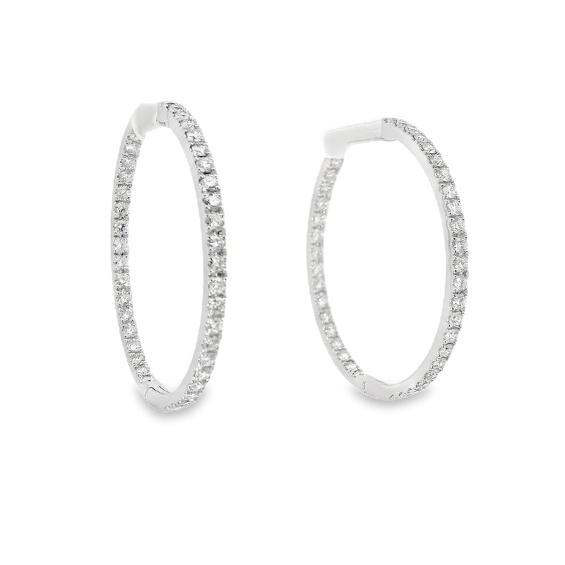 18kt White Gold 2 Inch Single Line Diamond Hoop Earrings