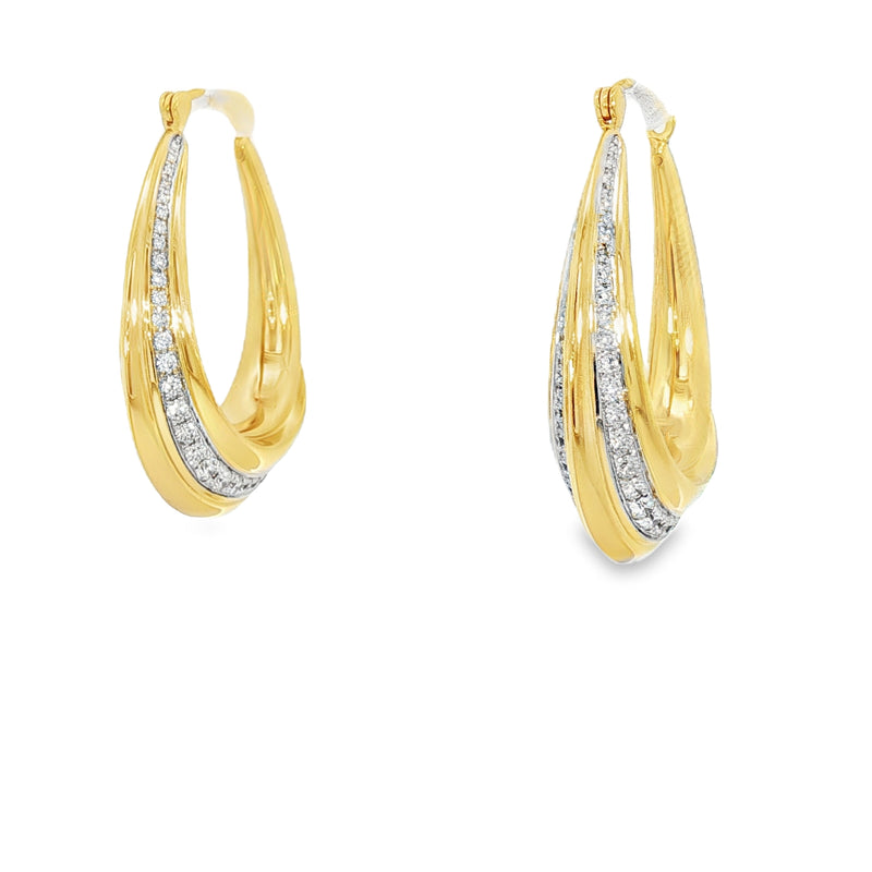 18kt Yellow Gold Tear Drop Open Taper Pave Hoop Earrings