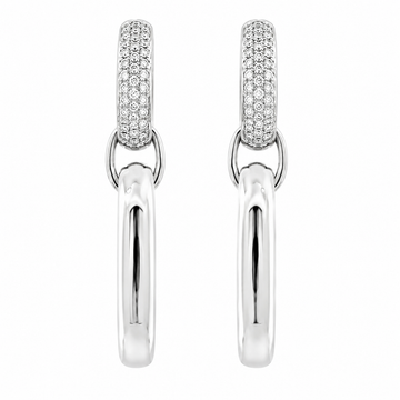 18kt White Gold Pave Diamond Hoops with Angled Drop