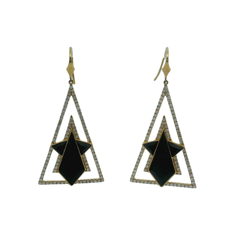 18kt Yellow Gold Triangle Black Onyx and Diamond Earrings