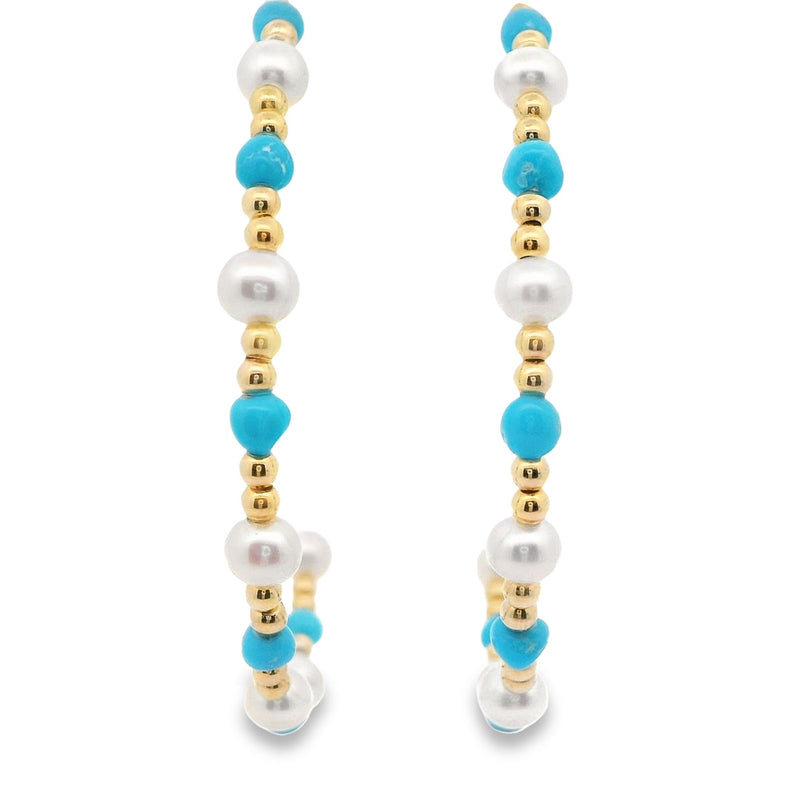 18kt Yellow Gold Pearl Turquoise Beaded Gold Hoop Earrings