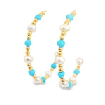 18kt Yellow Gold Pearl Turquoise Beaded Gold Hoop Earrings