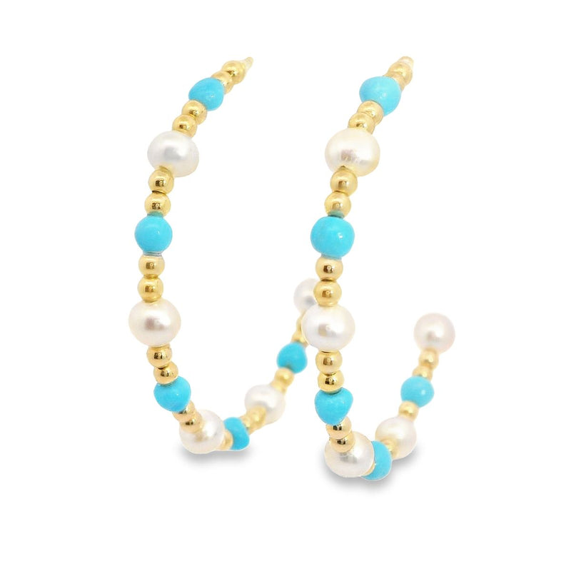 18kt Yellow Gold Potato Pearl Turquoise Beaded Gold Hoop Earrings