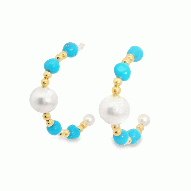 18kt Yellow Gold Small Potato Pearl Turquoise Beaded Gold Hoop Earrings