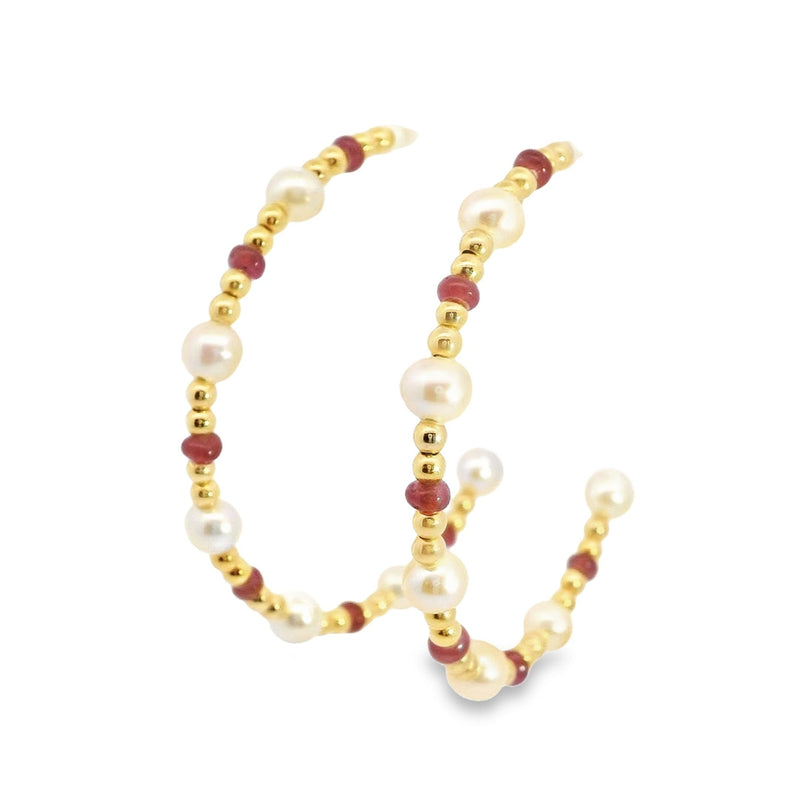 18kt Yellow Gold Pearl Ruby Beaded Gold Hoop Earrings