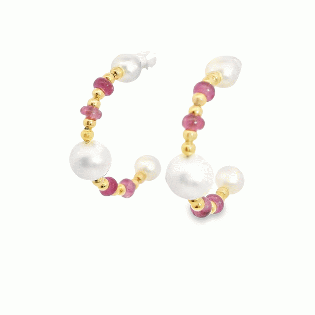 18kt Yellow Gold Potato Pearl Ruby Beaded Gold Hoop Earrings