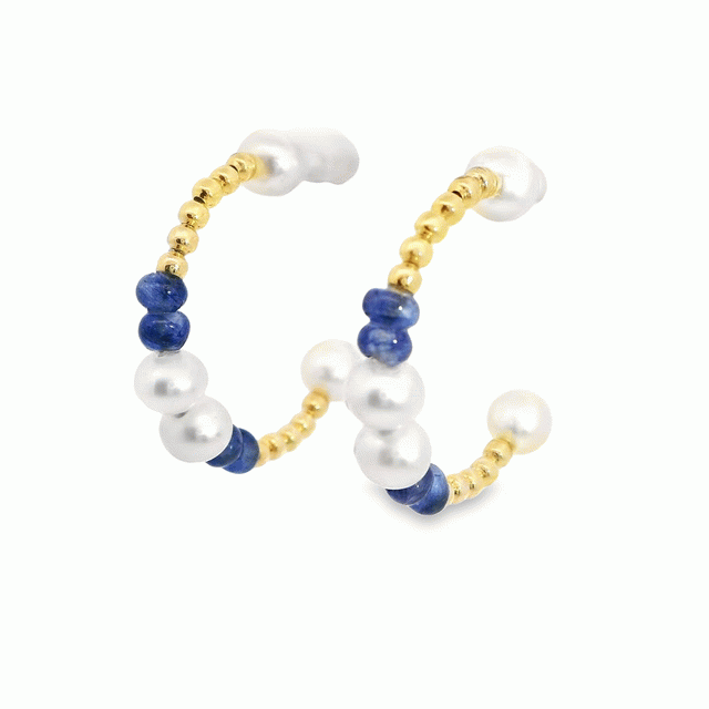 18kt Yellow Gold Potato Pearl Blue Sapphire Beaded Gold Hoop Earrings