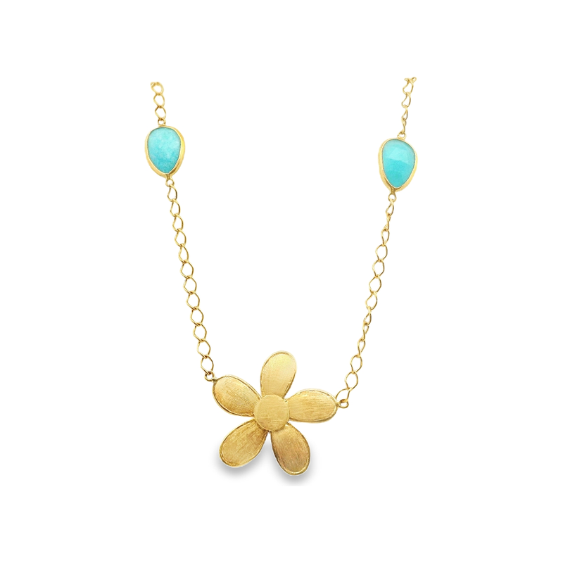 18kt Yellow Gold 28 Inch Flower with Amazonite Necklace