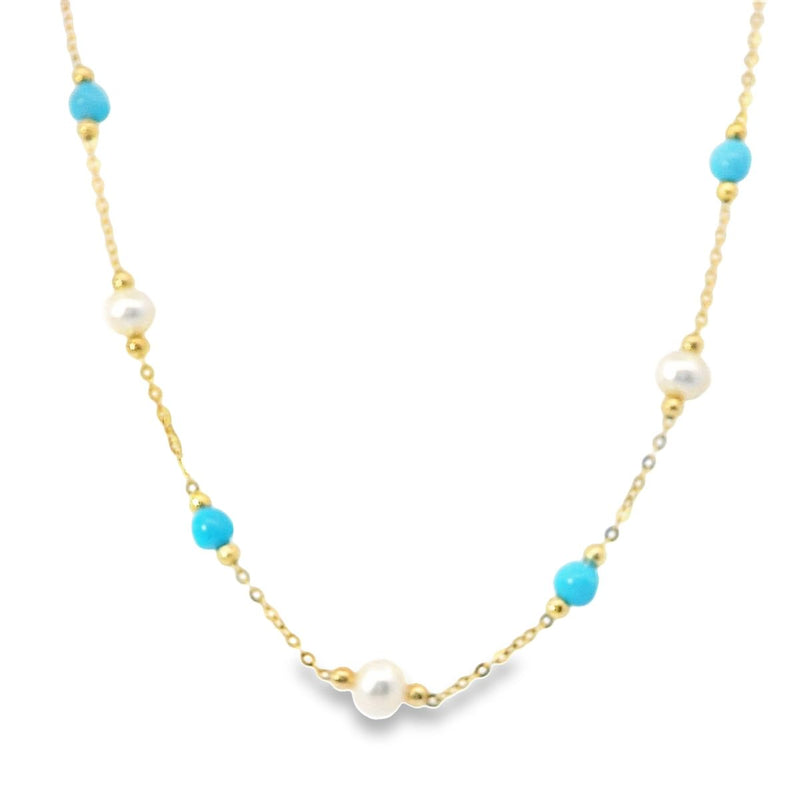 18kt Yellow Gold 18" small Potato Pearl Turquoise Beaded Gold Necklace