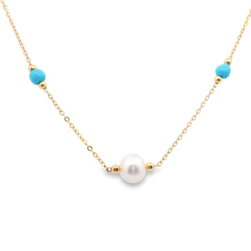18kt Yellow Gold Potato Pearl Turquoise Beaded Gold Necklace