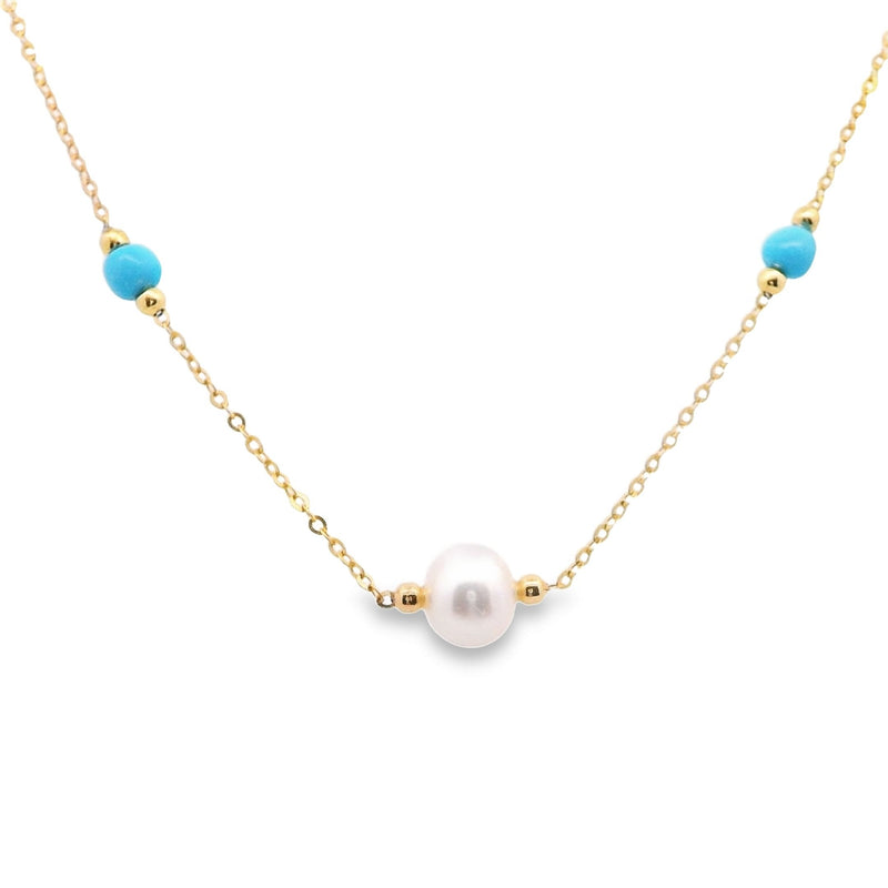 18kt Yellow Gold Potato Pearl Turquoise Beaded Gold Necklace