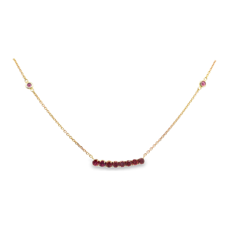 18kt Yellow Gold Ruby Diamond By the Yard with 8 Stone Claw Set Center