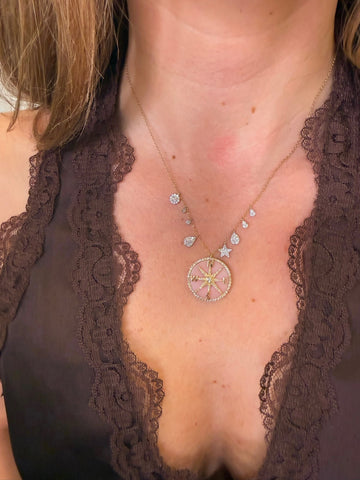 14kt Yellow Gold Pink Compass Diamond Opal Dangle