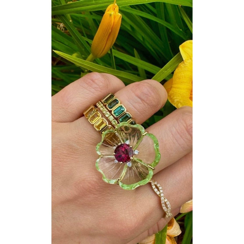 14kt Yellow Gold Tourmaline Carved Green Amethyst Diamond Ring