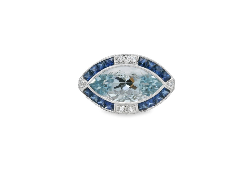 18kt White Gold Aquamarine Sapphire and Diamond Halo Ring