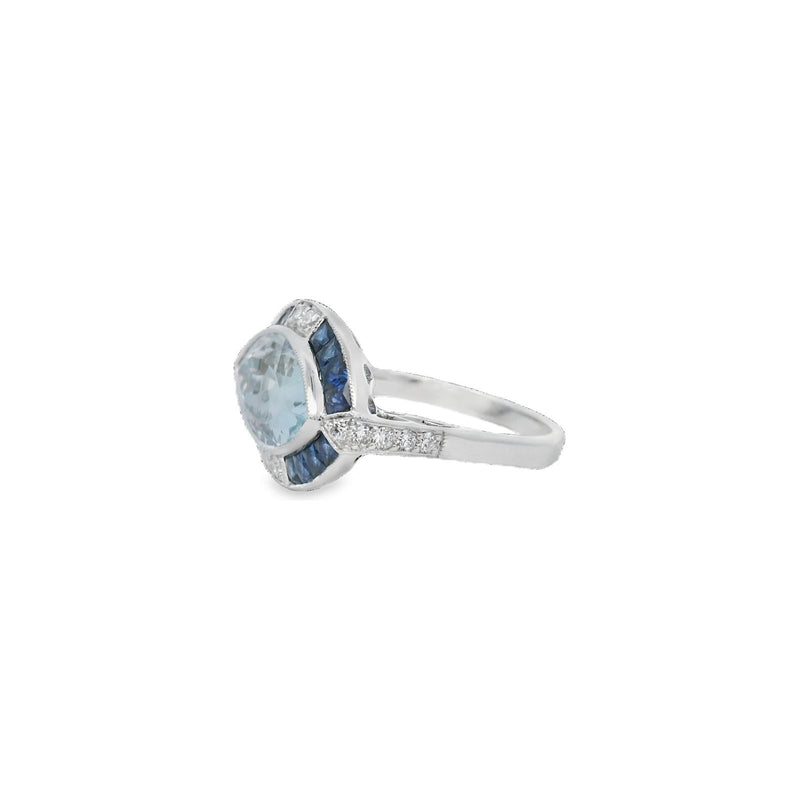 18kt White Gold Aquamarine Sapphire and Diamond Halo Ring