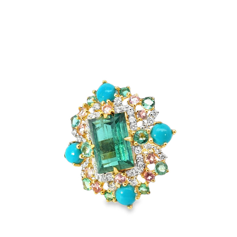 18kt Yellow Gold Tourmaline Turquoise Floral Halo Ring