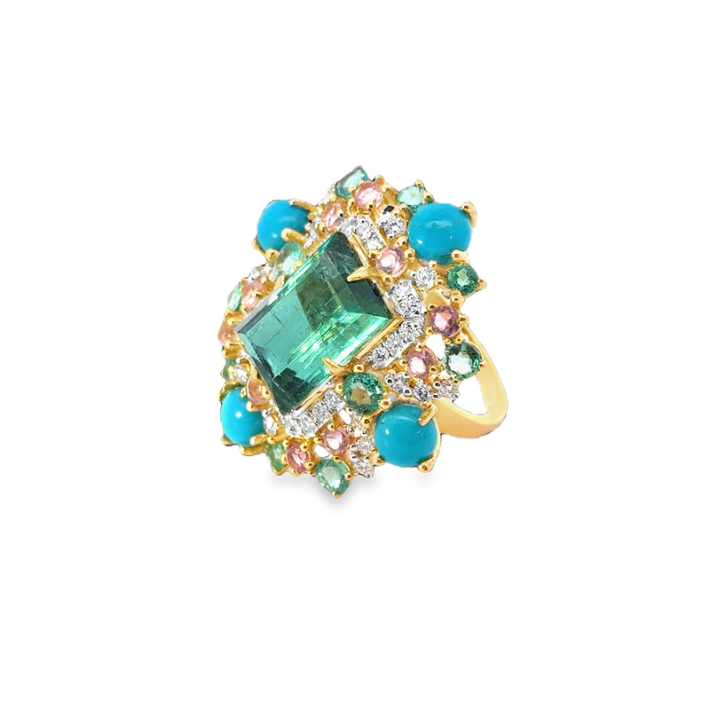 18kt Yellow Gold Tourmaline Turquoise Floral Halo Ring