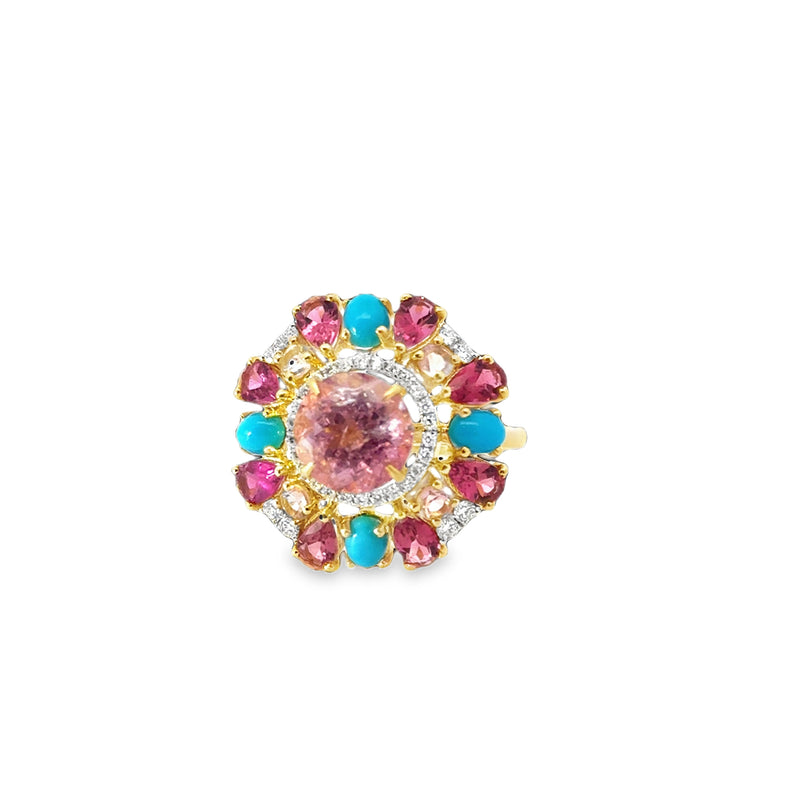18kt Yellow Gold Rubellite Tourmaline Turquoise Diamond Ring