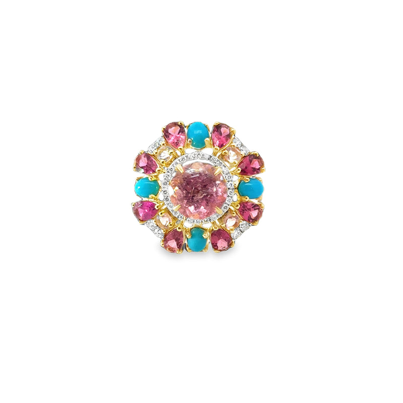 18kt Yellow Gold Rubellite Tourmaline Turquoise Diamond Ring
